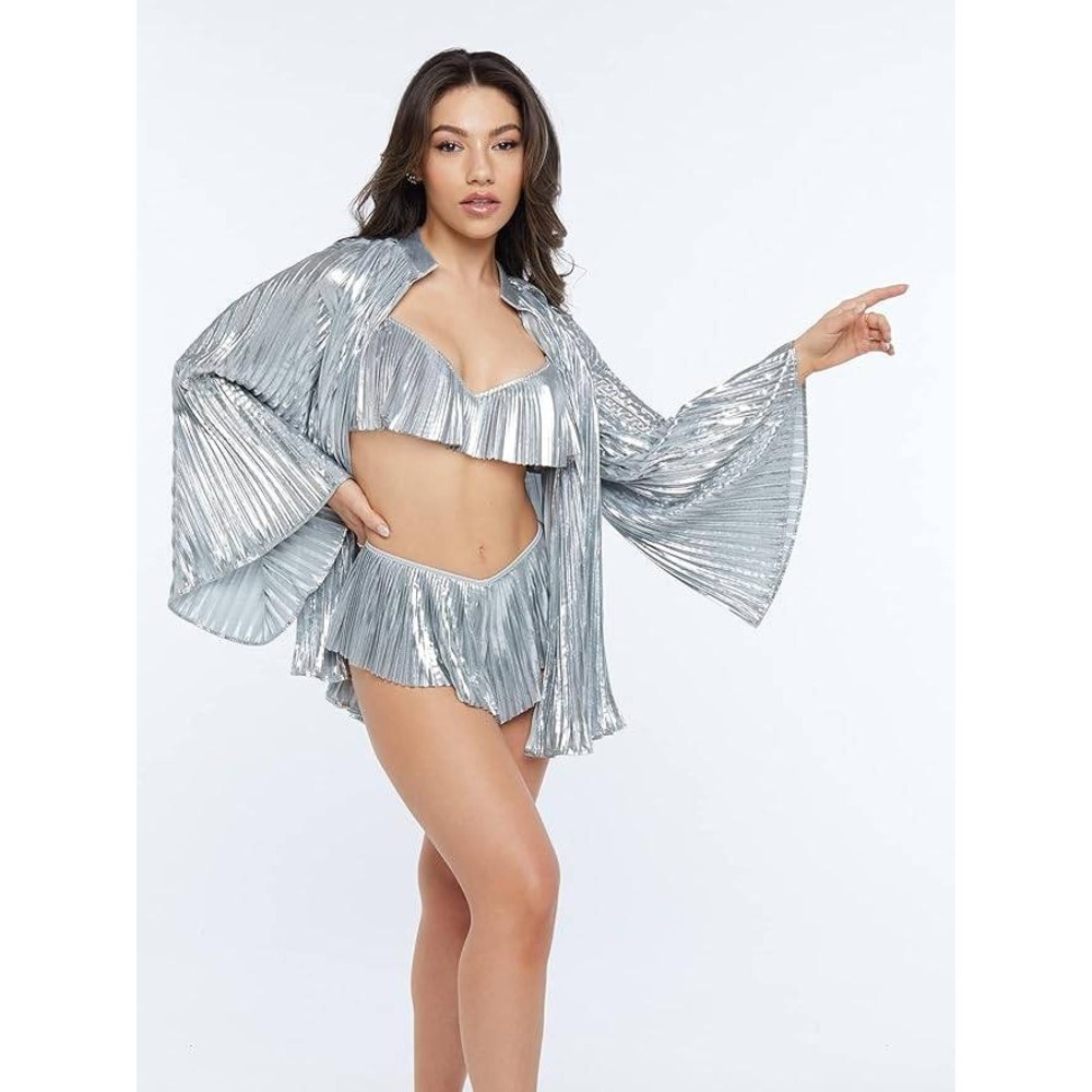 Savage X Fenty Womens Top Silver Metallic Pleated Long‎ Sleeve Blouse